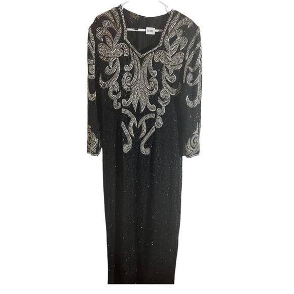 VTG Wayne Clark Silk Gown Evening Dress Womens Size L Black Silver Beaded 90s - Picture 1 of 12